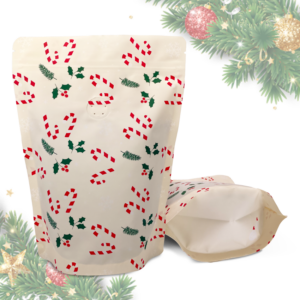 250g Christmas Stand Up Pouches with Zip and Valve - Off-White, Recyclable